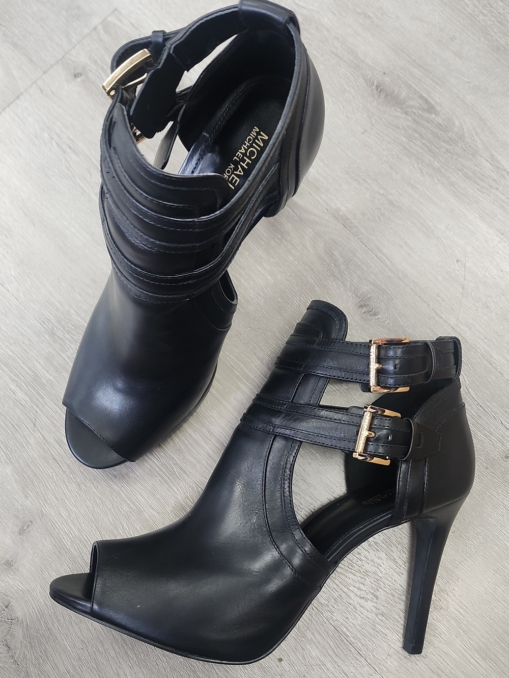 MICHAEL Michael Kors Black Peep-Toe Strappy Stiletto Heels with Gold Buckles